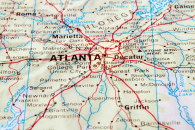 A map showing the Atlanta area that Hogan Design offers interior trim services to.